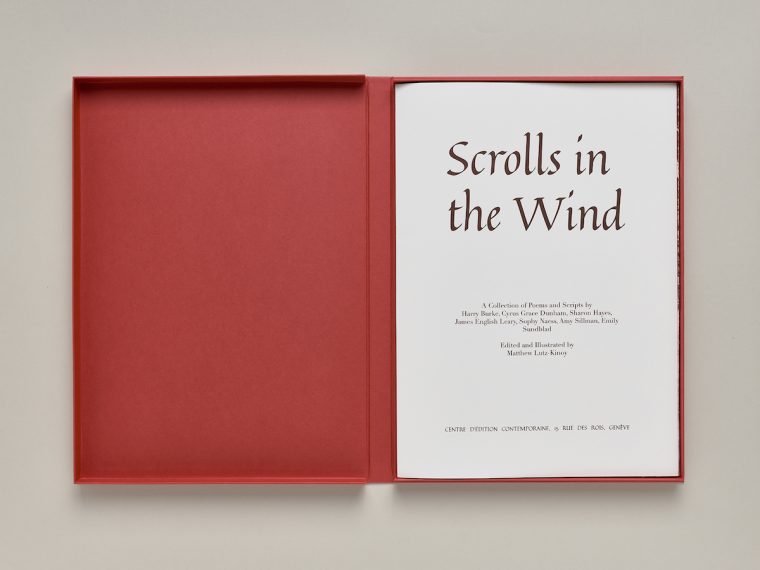 Matthew Lutz-Kinoy, Scrolls in the Wind A collection of scripts and poems by Harry Burke, Cyrus Grace Dunham, Sharon Hayes, James English Leary, Sophy Naess, Amy Sillman and Emily Sundblad. Edited by Matthew Lutz-Kinoy, ed. of the CEC, 2018. © Sandra Pointet