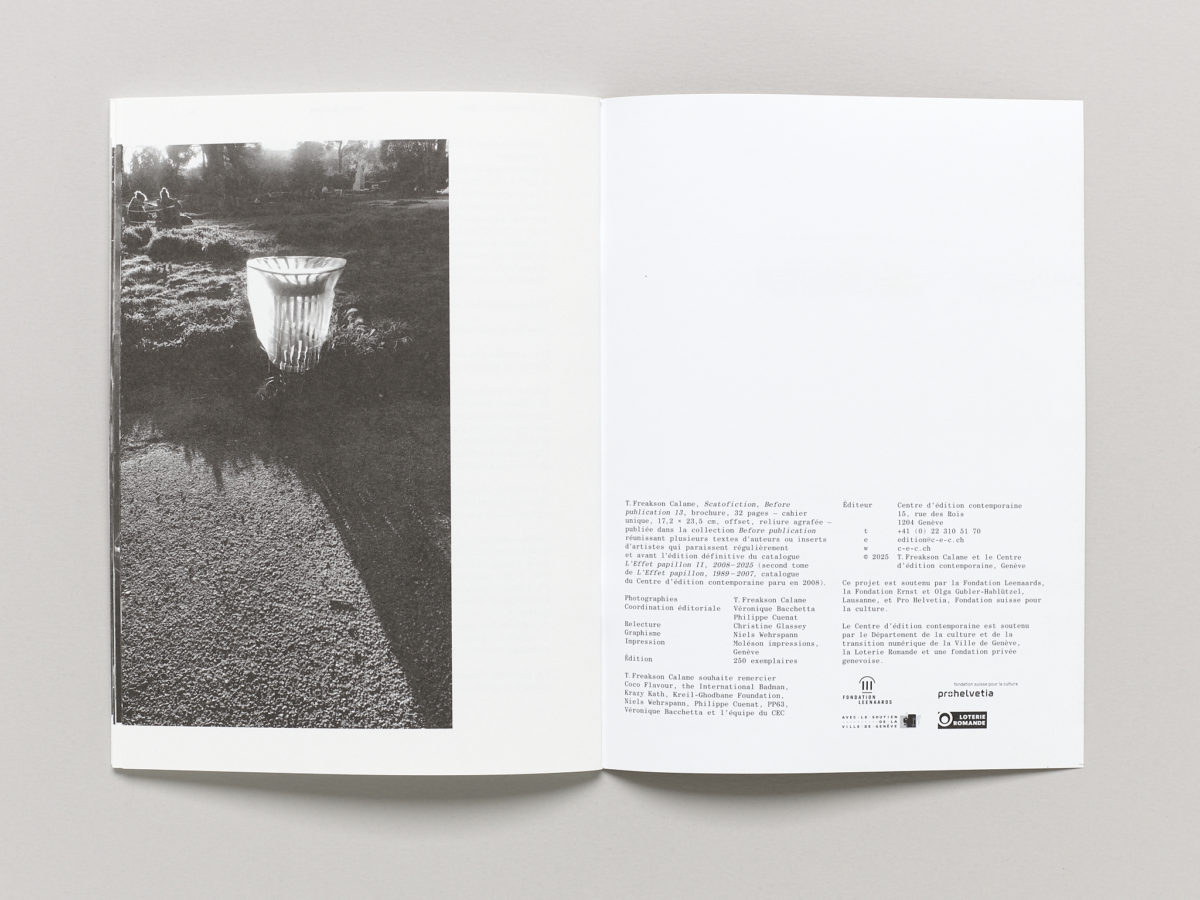 T. Freakson Calame, SCATOFICTION, Before publication 13, éd. du CEC, Genève, 2025 © Sandra Pointet